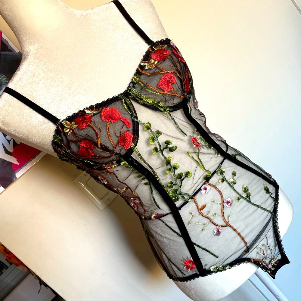 Floral Embroidered Black Mesh Bodysuit lingerie rage festival wear